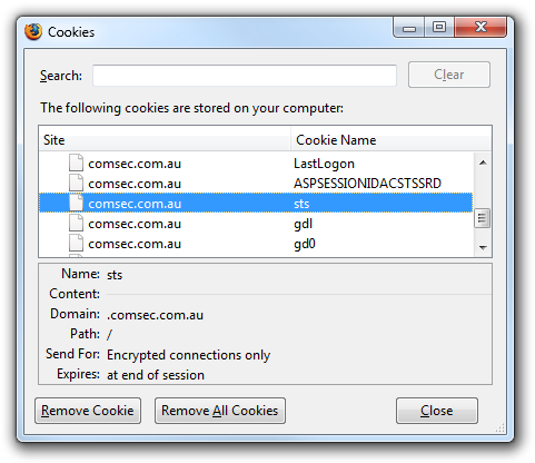 CommSec authentication cookie