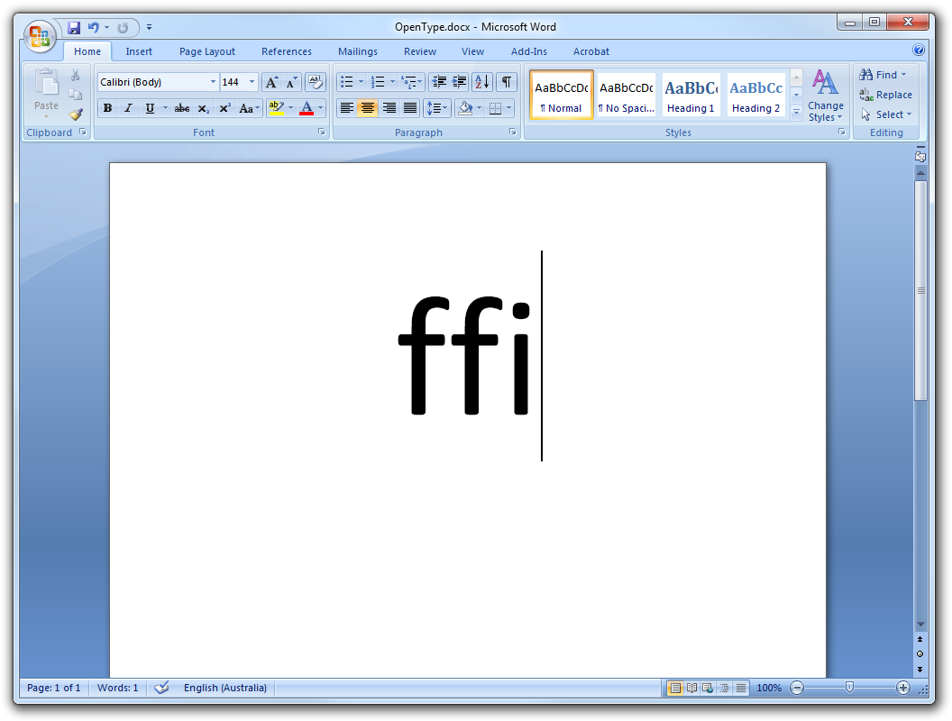 No OpenType ligatures in Word 12 without paragraph marks