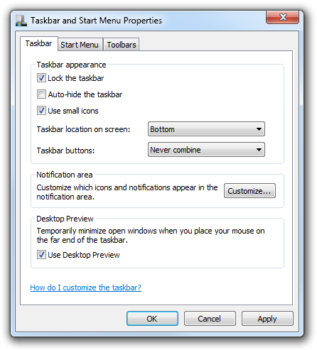 Taskbar settings for Vista-style Taskbar in Windows 7