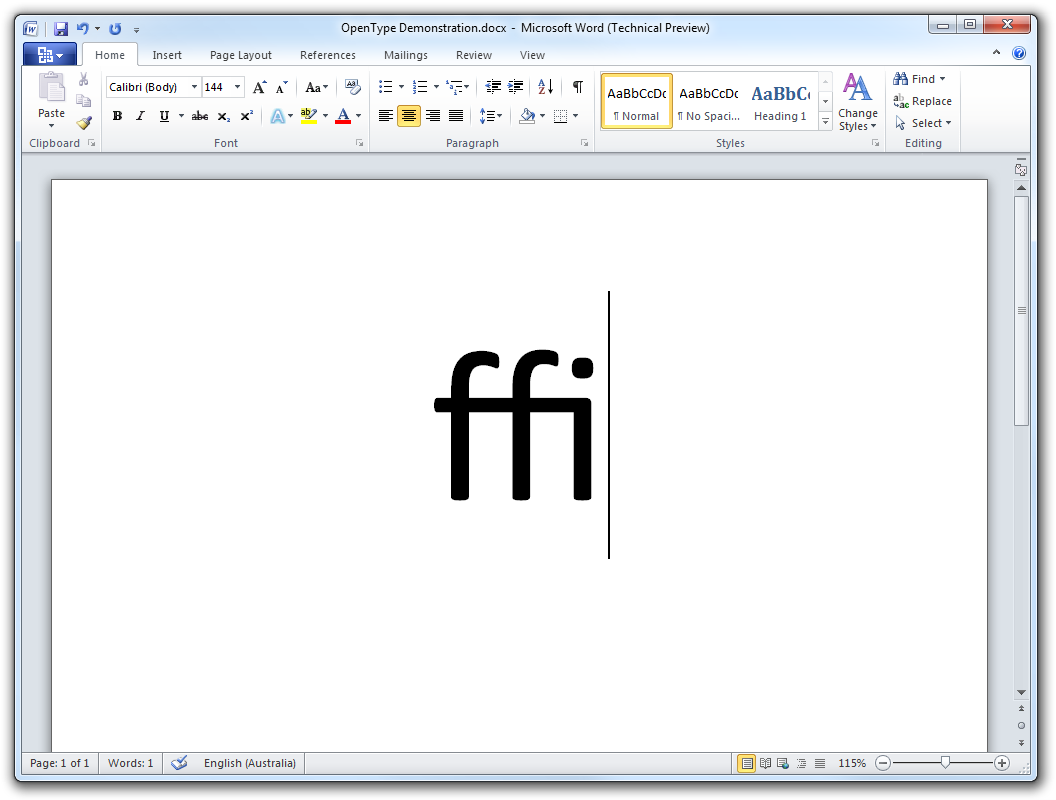 An ffi ligature in Microsoft Word 2010
