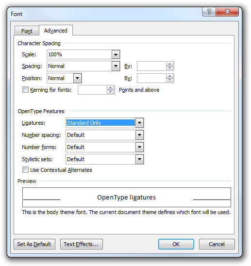 Enabling OpenType ligatures in Microsoft Word 2010