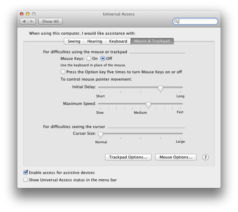 Mouse & Trackpad Universal Access preferences